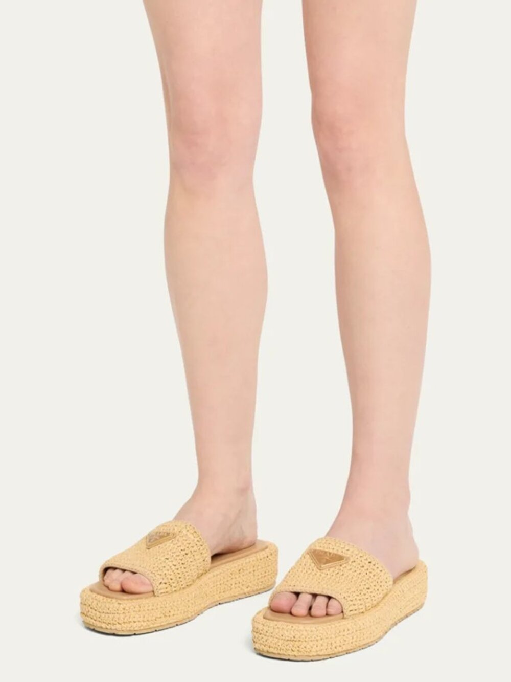 NWOB PRADA Raffia Single Band Platform Triangle Logo Sandals Slides Natural 37 - Picture 3 of 11